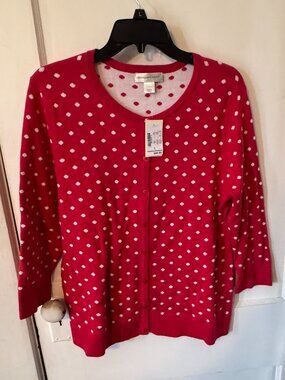 Women's Christopher & Banks Red Cardigan with White Polka Dots. NWT. Size Large